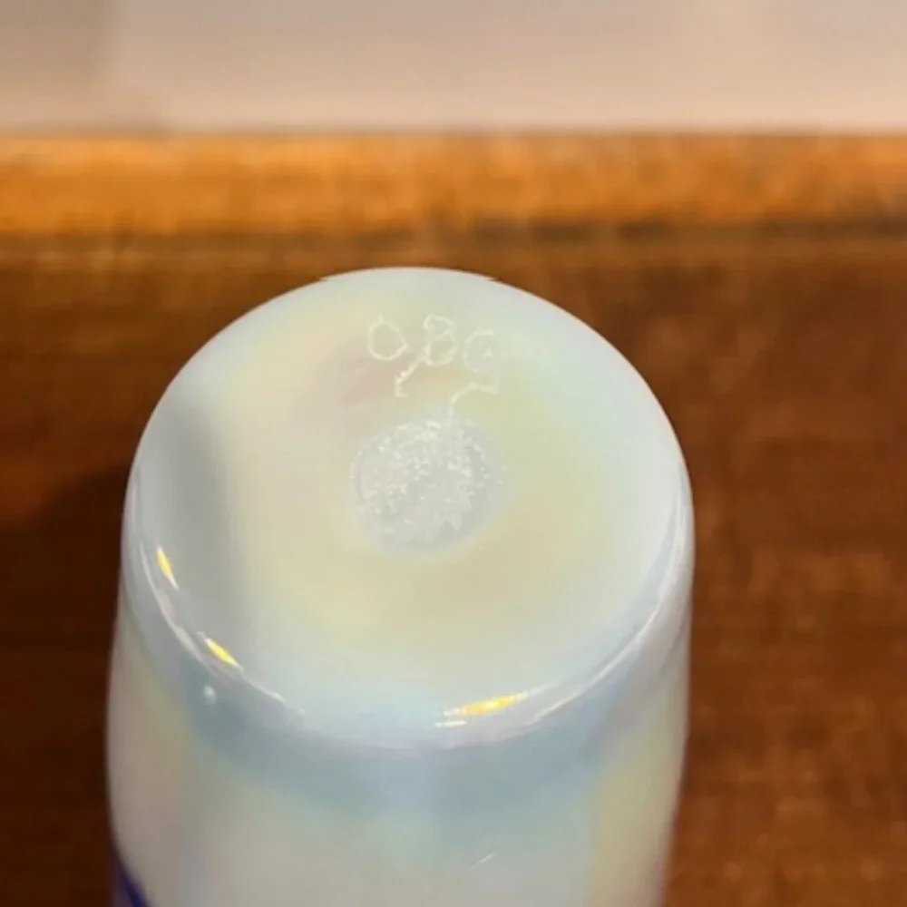 OBG Ornamental Blown Glass Seattle Iridescent Blue Pulled Feather Signed Vase